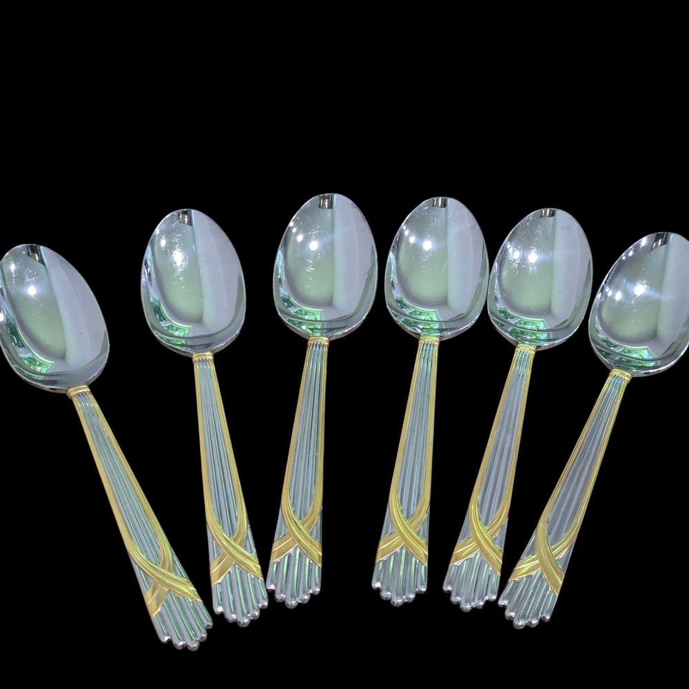 Yamazaki Fortuny Gold Accent Stainless Steel Teaspoons Set 6 Japan Flatware 6.5"